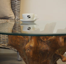 Load image into Gallery viewer, Round teak root coffee table, close side view.