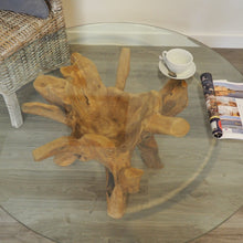 Load image into Gallery viewer, Round reclaimed teak root 100cm coffee table, view of the glass top.