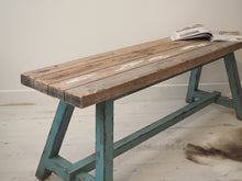 Load image into Gallery viewer, Reclaimed Pine Bench With Blue Legs