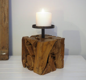 Rustic Wood Pillar Candle Holder - Frida (Square)