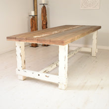 Load image into Gallery viewer, 240x100cm reclaimed farmhouse dining table with textured whitewashed legs and natural wood grain table top