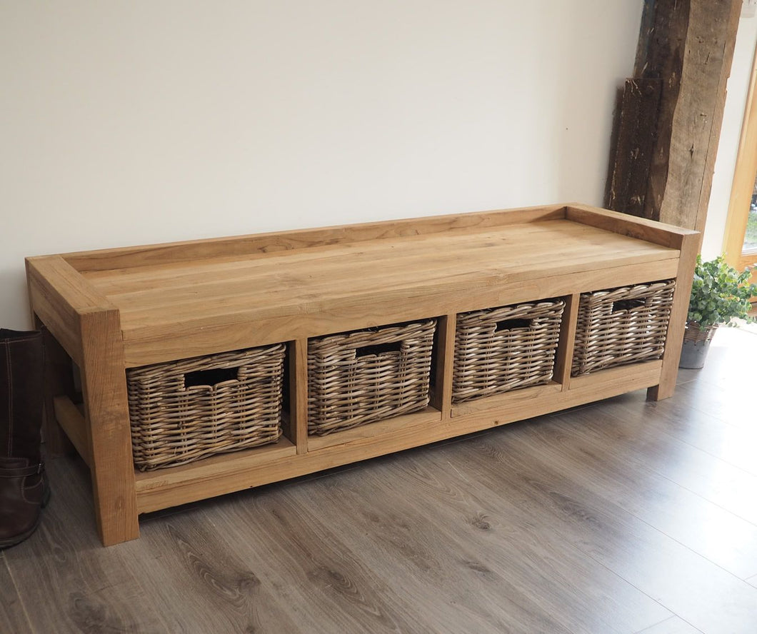 Rustic reclaimed teak 4-seater storage bench with Kubu wicker baskets