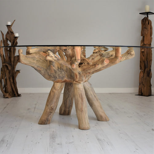 150cm round glass top, natural reclaimed teak root dining table