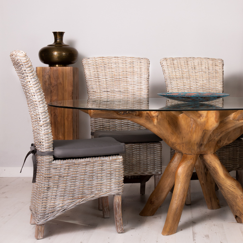 Oval teak root dining table and chairs