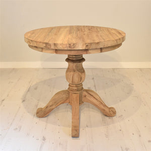 80cm reclaimed teak round dining table with carved scroll legs