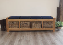 Load image into Gallery viewer, Reclaimed Teak Hallway Storage Bench with Kubu wicker drawers and navy blue cushions