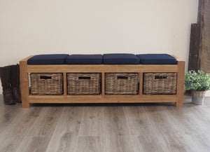 Reclaimed Teak Hallway Storage Bench with Kubu wicker drawers and navy blue cushions