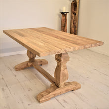 Load image into Gallery viewer, 150x90cm reclaimed teak rectangular dining table with refectory style base.