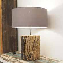 Load image into Gallery viewer, Handcrafted Kenyon Table Lamp with natural teak wood base and grey shade