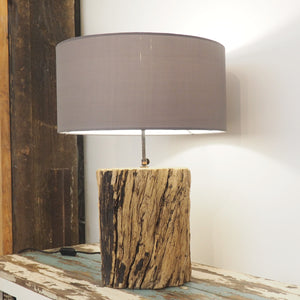 Handcrafted Kenyon Table Lamp with natural teak wood base and grey shade