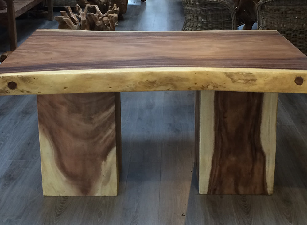 150cm Suar live edge table with block legs,  side view..