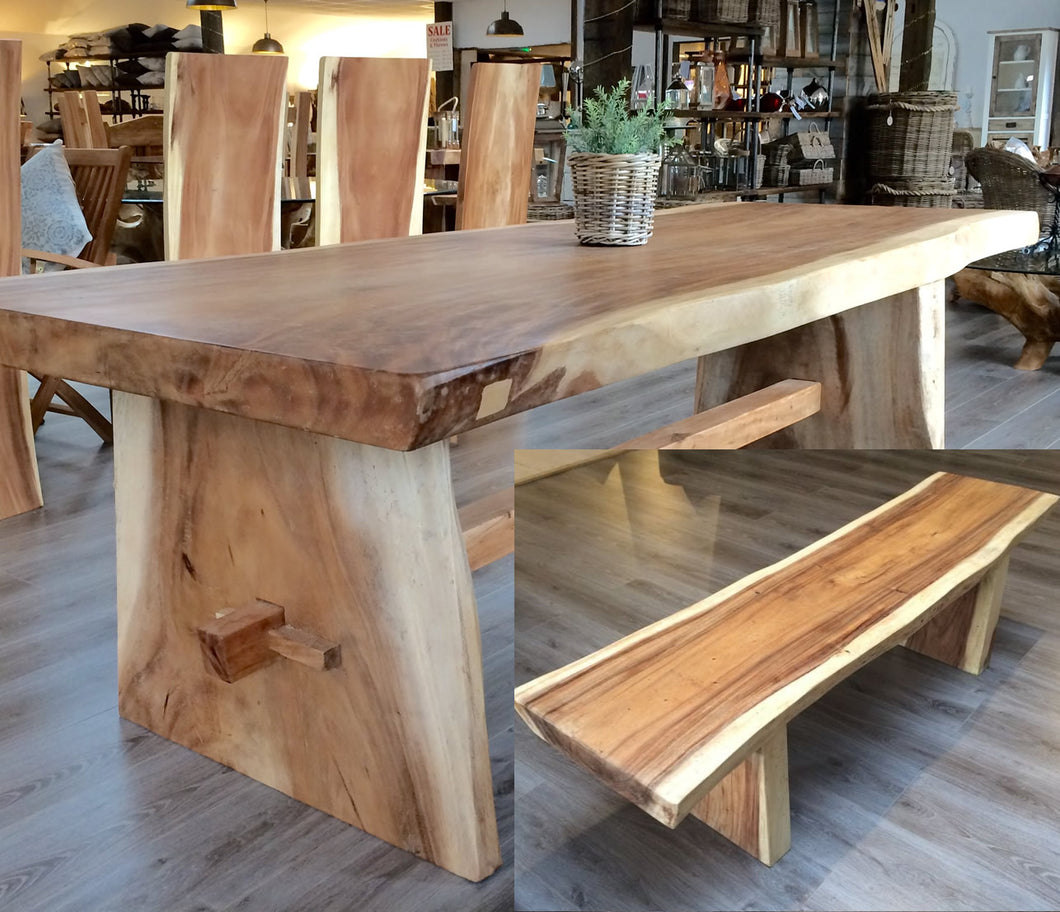 250cm Suar Live Edge Dining Set with Benches (Seats 8)