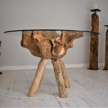 Load image into Gallery viewer, 120cm round teak root dining table with tempered glass