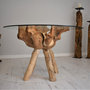 120cm round teak root dining table with tempered glass