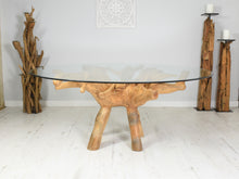 Load image into Gallery viewer, 180cm round, handcrafted, reclaimed teak root dining table with bevelled glass top