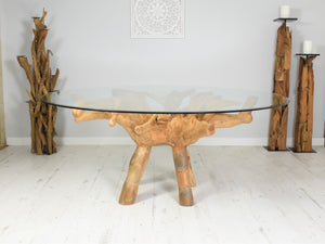 180cm round, handcrafted, reclaimed teak root dining table with bevelled glass top