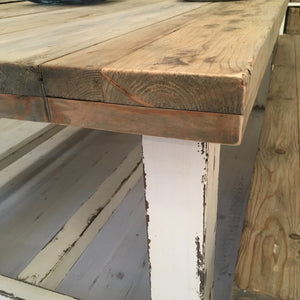 Rustic reclaimed pine dining table with textured whitewashed legs