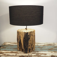 Load image into Gallery viewer, Rustic Wooden &#39;Tree Trunk&#39; Table Lamp – Kenyon with recycled teak root base with black shade