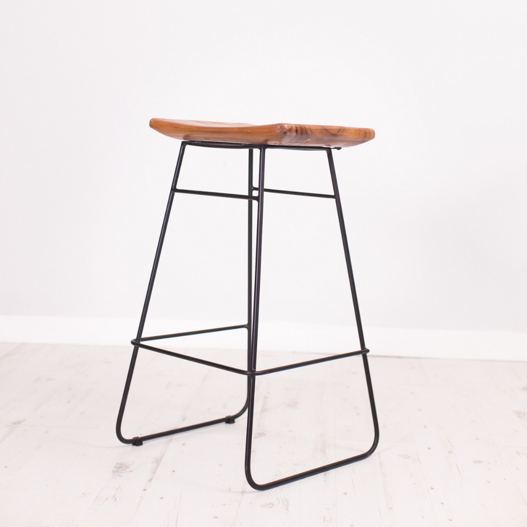 Solid teak wood and metal bar stool perfect for a high table or kitchen counter top