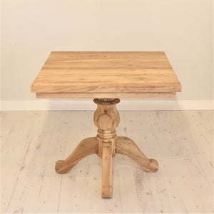 80cm square reclaimed teak dining table with natural wood grain