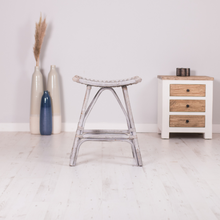 Load image into Gallery viewer, Stylish grey bamboo kitchen stool with handwoven curved natural rattan seat