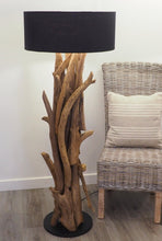 Load image into Gallery viewer, Teak Root Floor Lamp – Ace with Black Shade. Driftwood style and reclaimed wood