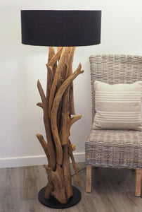 Teak Root Floor Lamp – Ace with Black Shade. Driftwood style and reclaimed wood