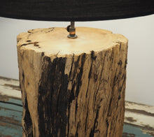 Load image into Gallery viewer, Close-up of Kenyon Rustic Wooden Table Lamp with black lampshade