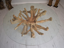 Load image into Gallery viewer, Sustainable teak root dining table with glass top