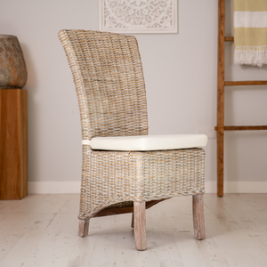 Handwoven whitewash Kubu rattan chair with removable cushion